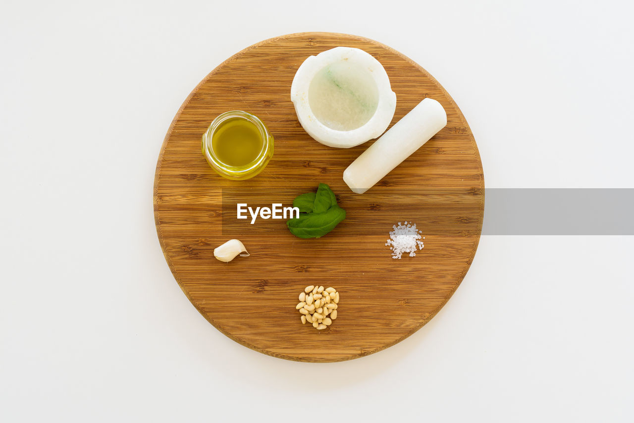 High angle view of ingredients on cutting board 