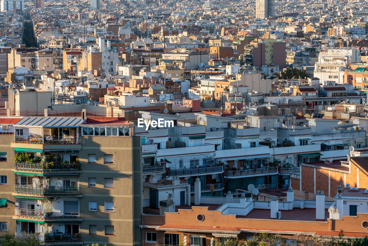 High angle view of buildings in city of barcelona 