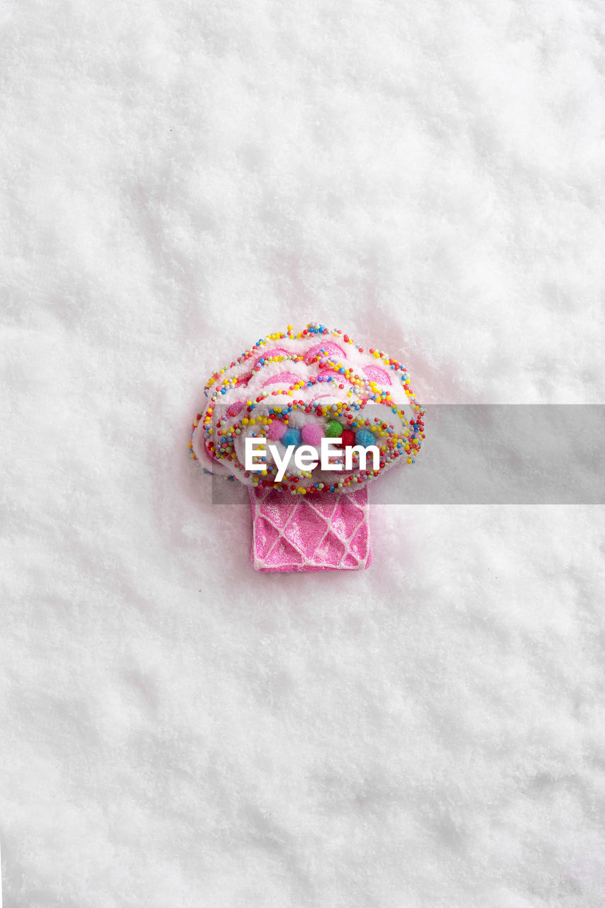 DIRECTLY ABOVE SHOT OF MULTI COLORED ICE CREAM IN SNOW ON ROCK