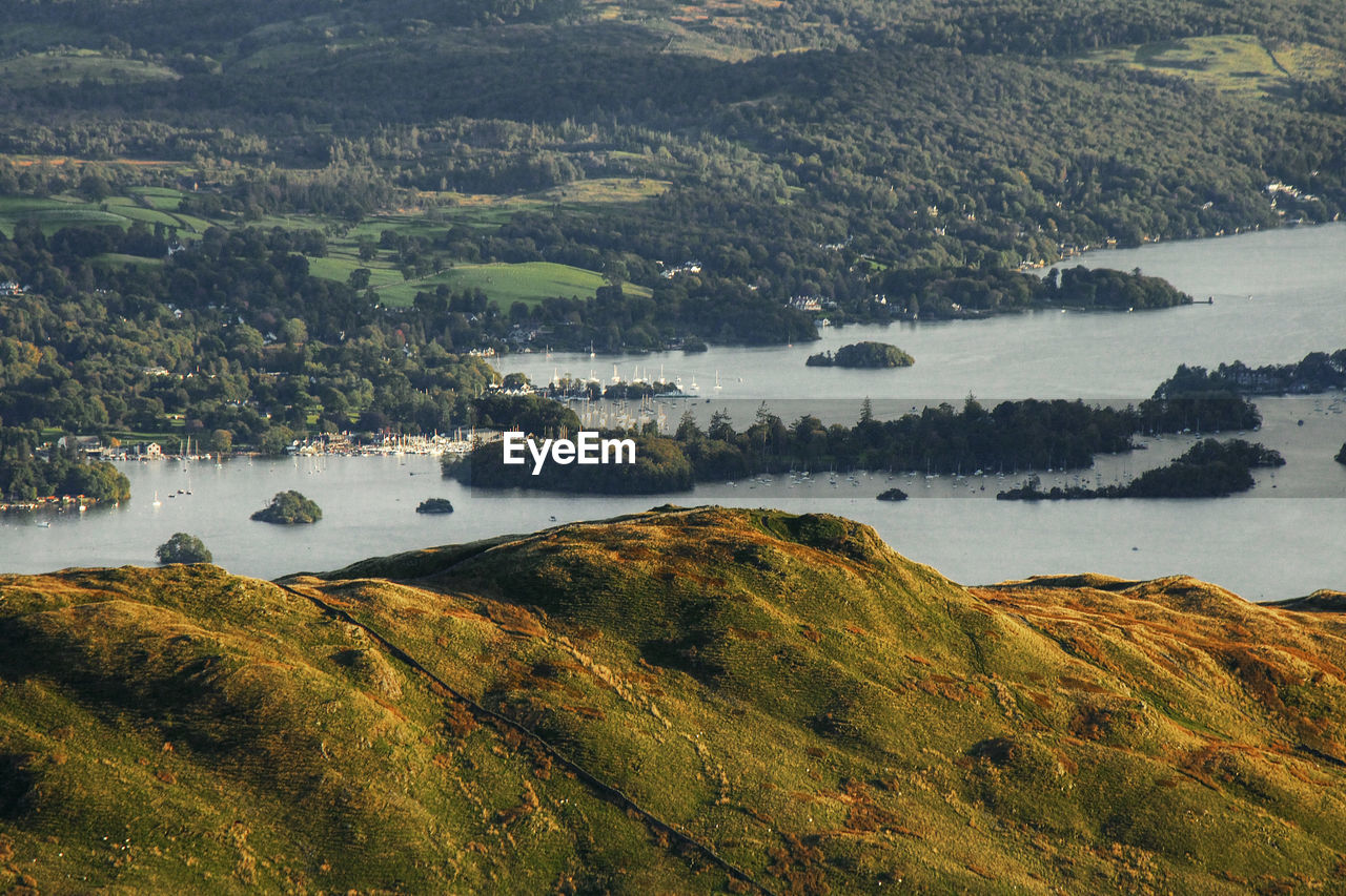 High angle view of lake and mountains