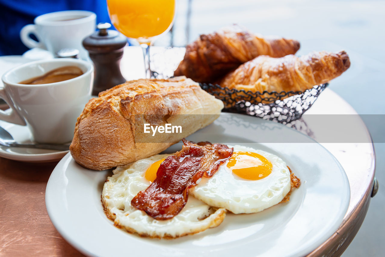 HIGH ANGLE VIEW OF BREAKFAST SERVED IN PLATE