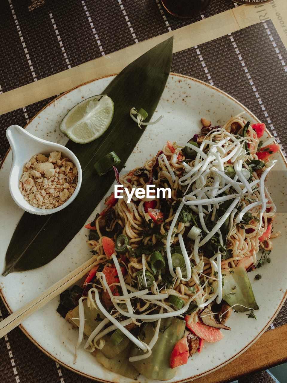 High angle view of meal served on table