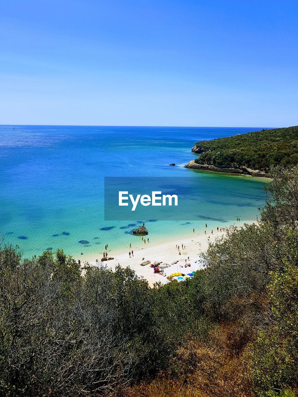 HIGH ANGLE VIEW OF SEA AGAINST CLEAR SKY