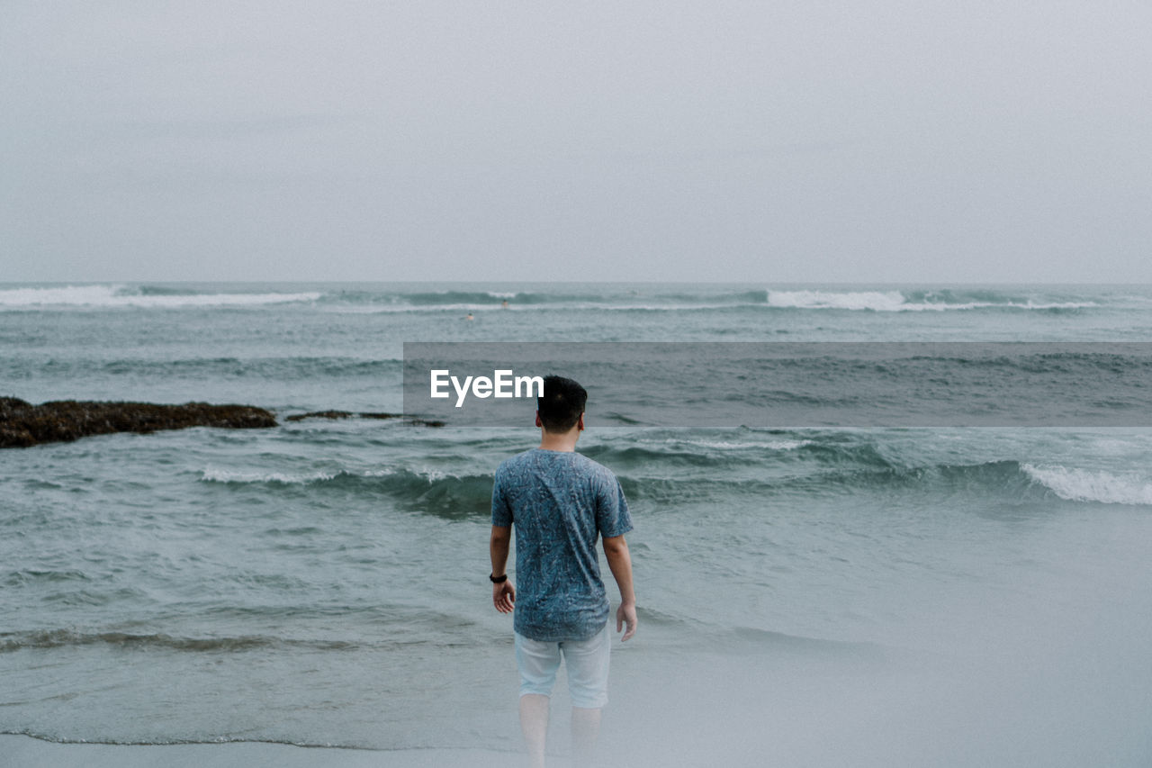 Rear view of man standing at beach against sky