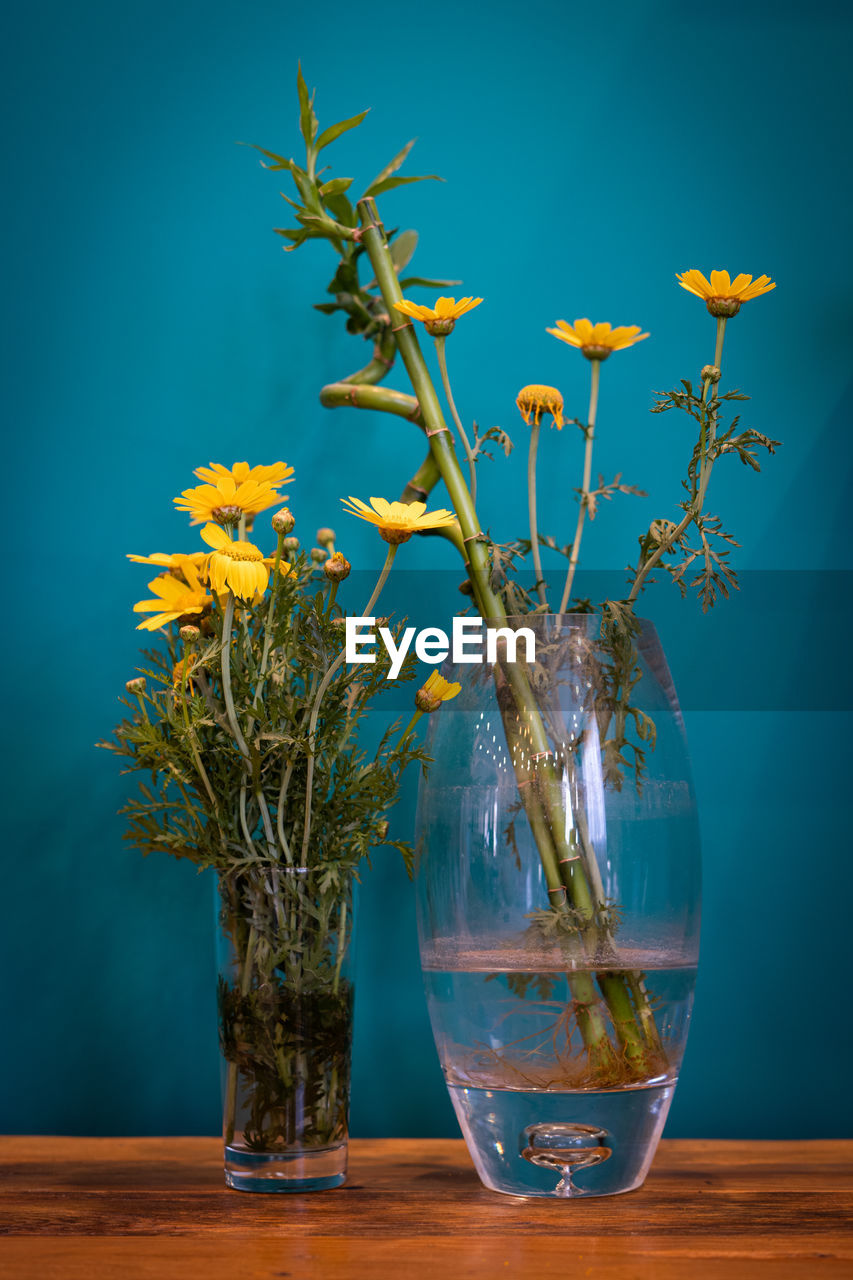 Bamboo and yellow flowers in glass vase