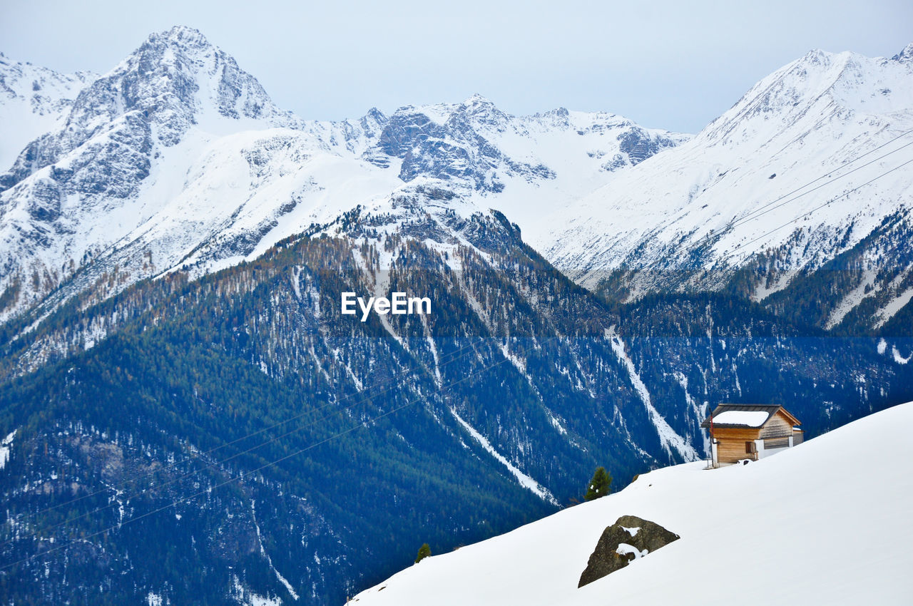 Scenic view of snowcapped mountains on sunny day