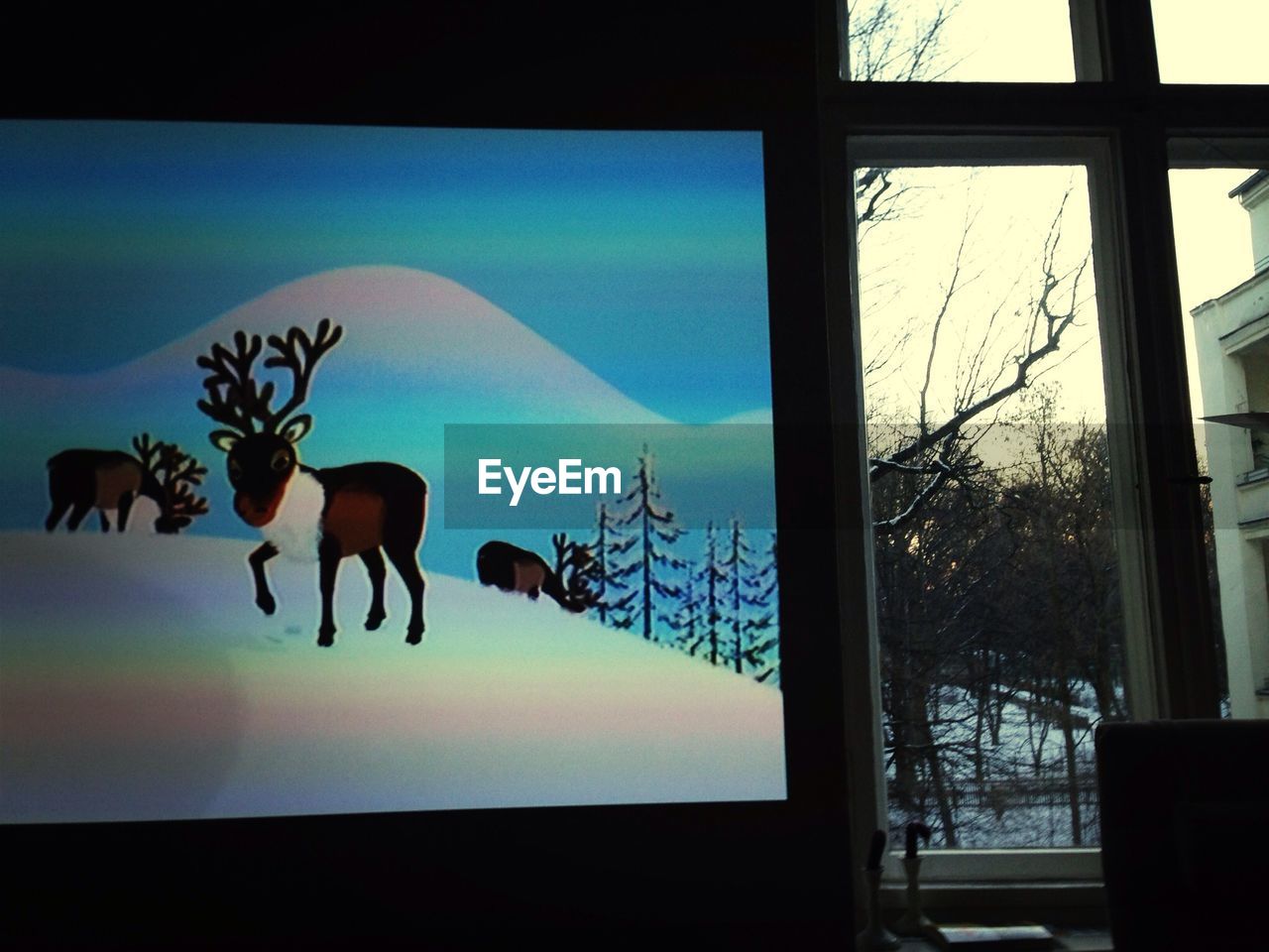 animal representation, art and craft, deer, indoors, window, no people, silhouette, day, animal themes, reindeer, nature, sky, close-up