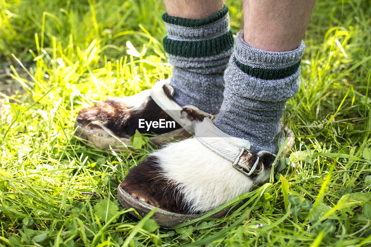 Low section of person wearing furred shoes on grass