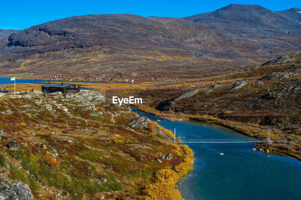 River amidst landscape against clear blue sky