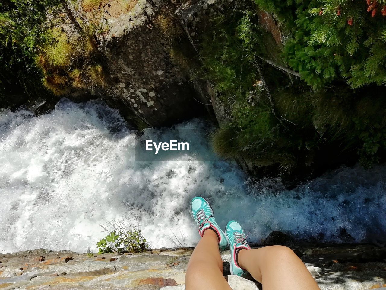 Low section of woman over river in forest