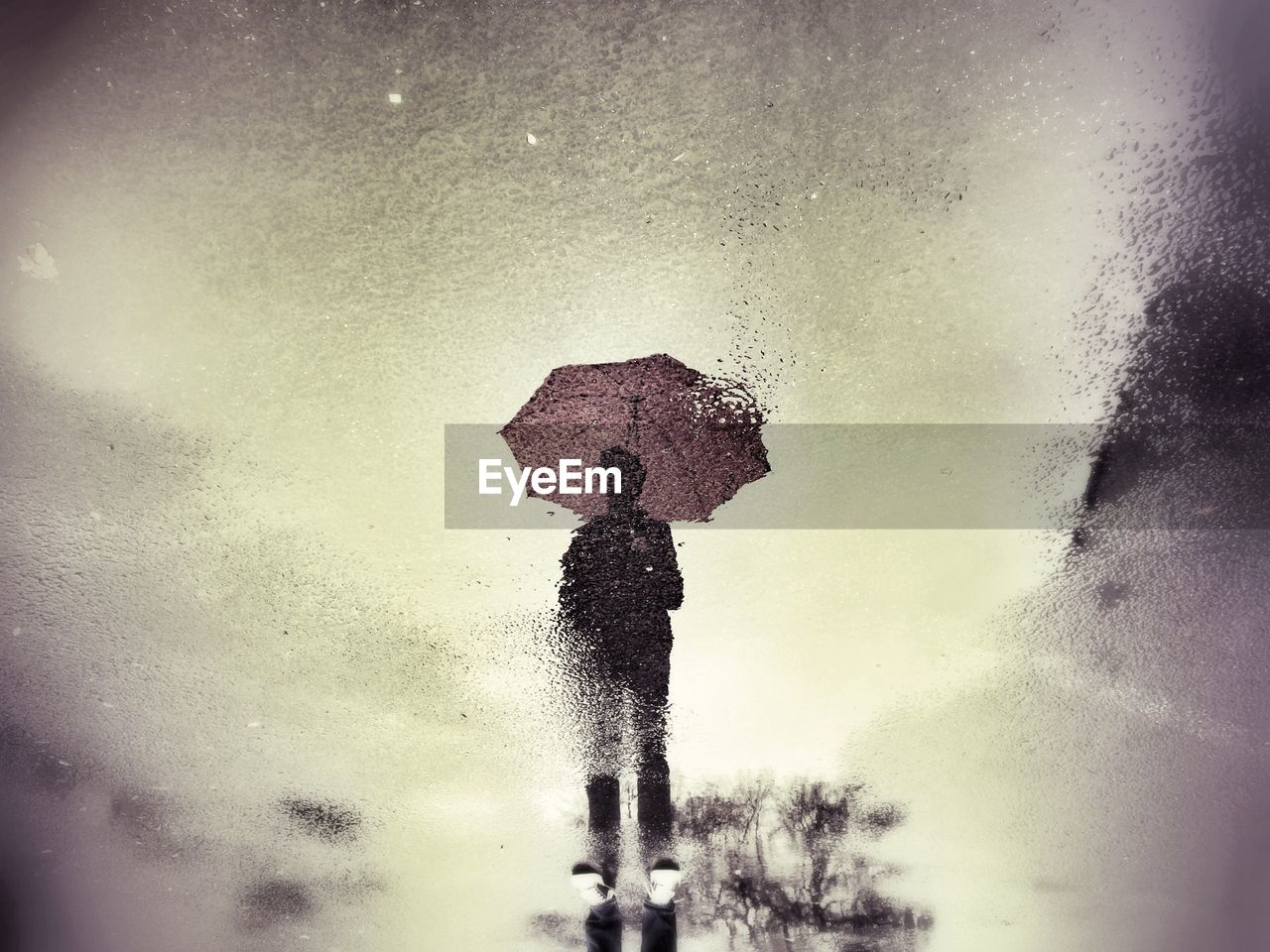 Reflection of man holding umbrella on street