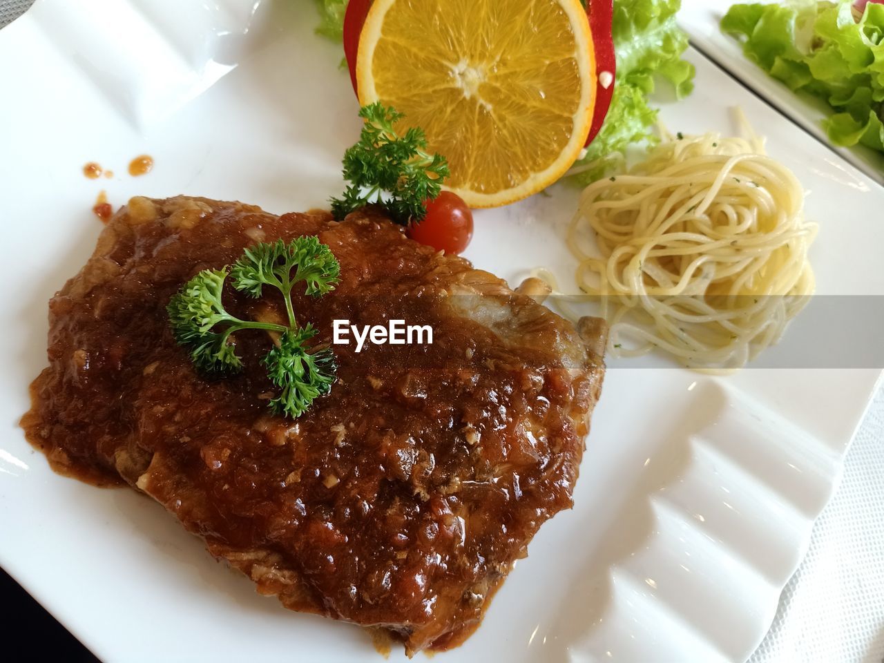 HIGH ANGLE VIEW OF MEAL SERVED ON PLATE