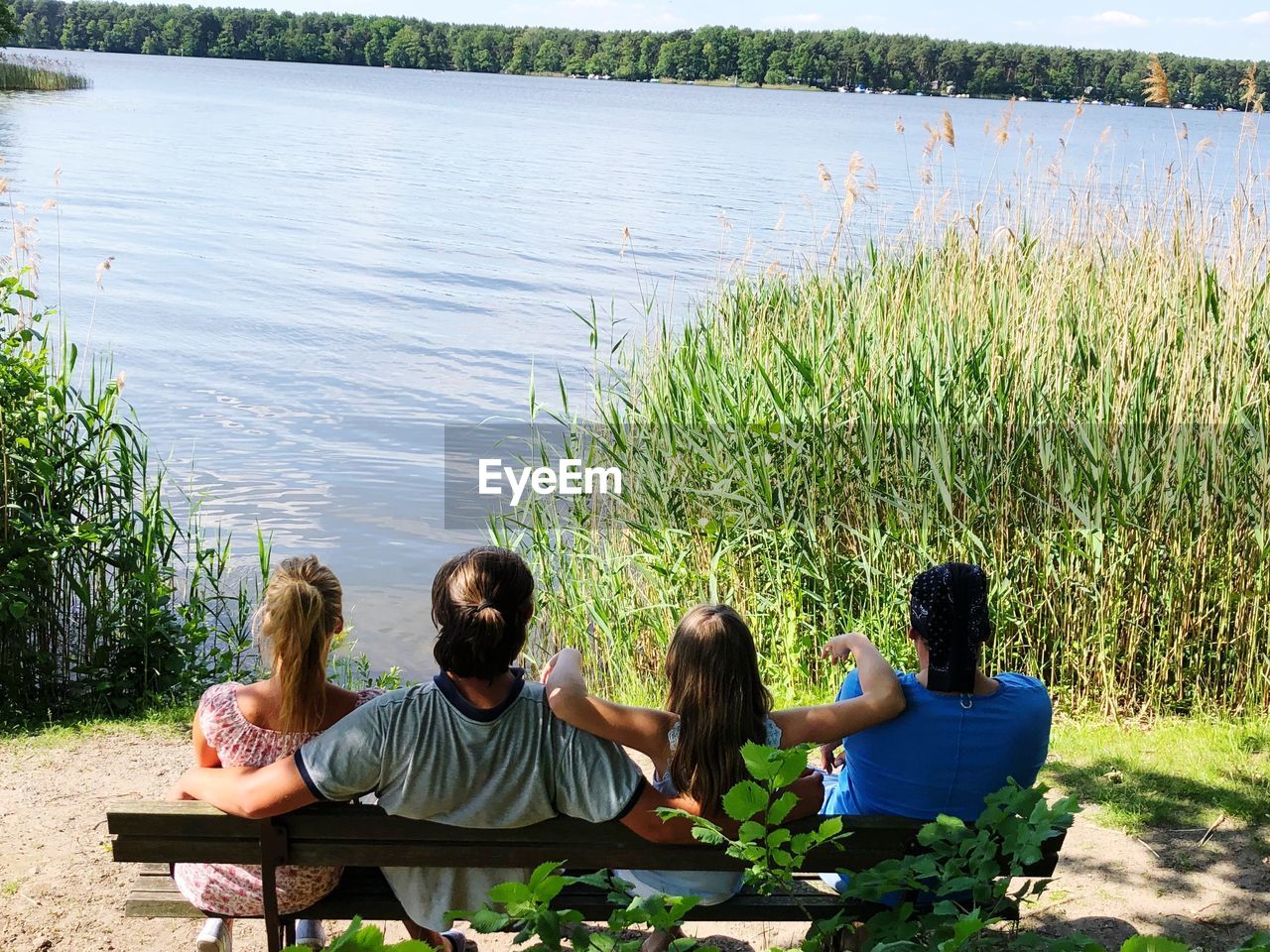 Rear view of people sitting on bench by lake