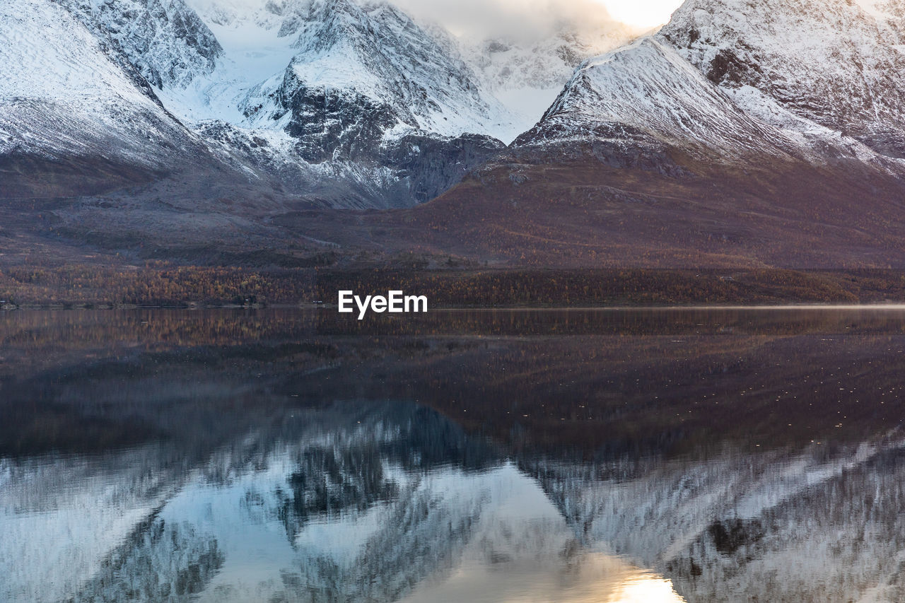 Scenic view of lake by snowcapped mountains against sky