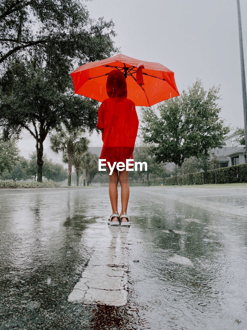 A girl is standing with umbrella under the rain