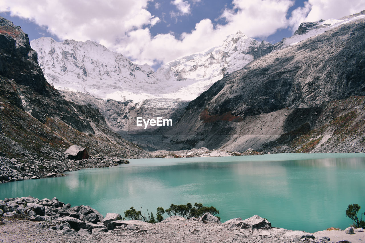 Scenic view of lake and snowcapped mountains against sky