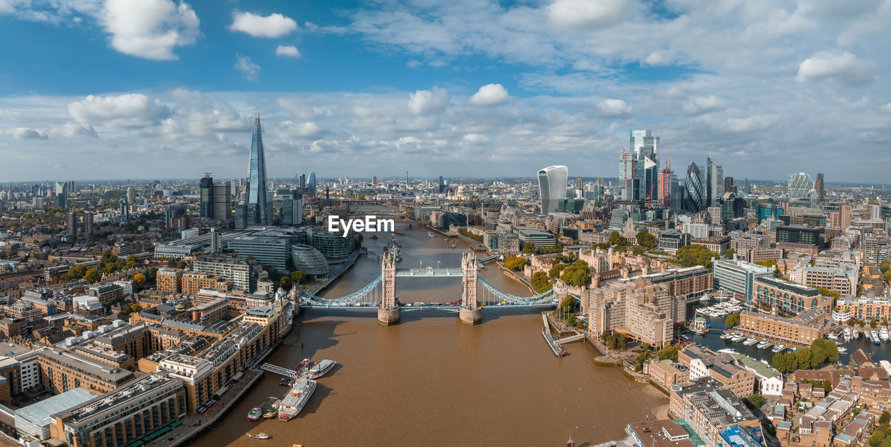 Aerial view of the tower bridge, central london, from the south bank of the thames.