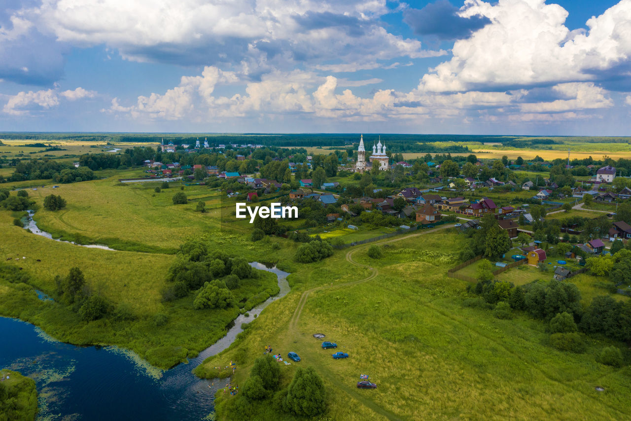 The village of dunilovo from a bird's eye view on a summer day, shuisky district, ivanovo region.