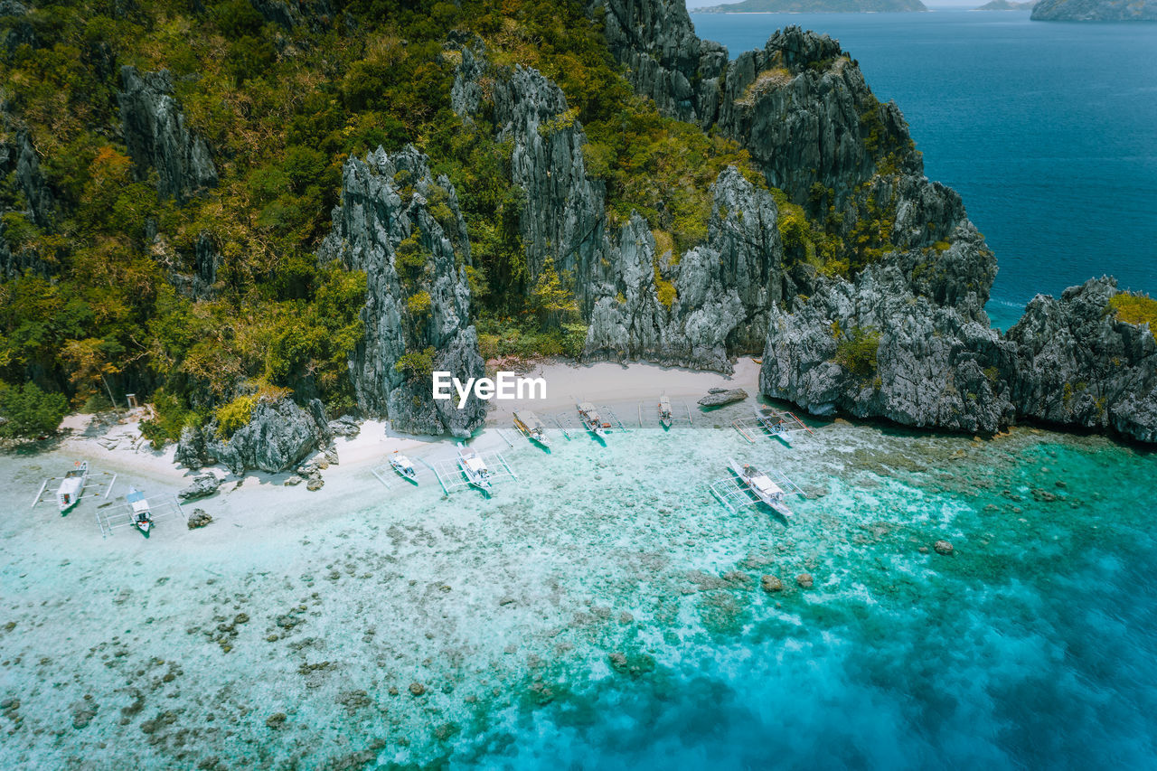 Aerial view of rock formation on beach