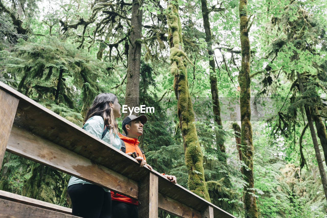 A young couple enjoys a hike in a forest in the pacific northwest.