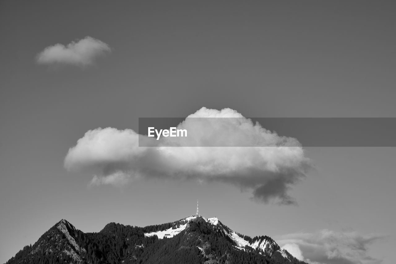 Low angle view of snowcapped mountains against sky