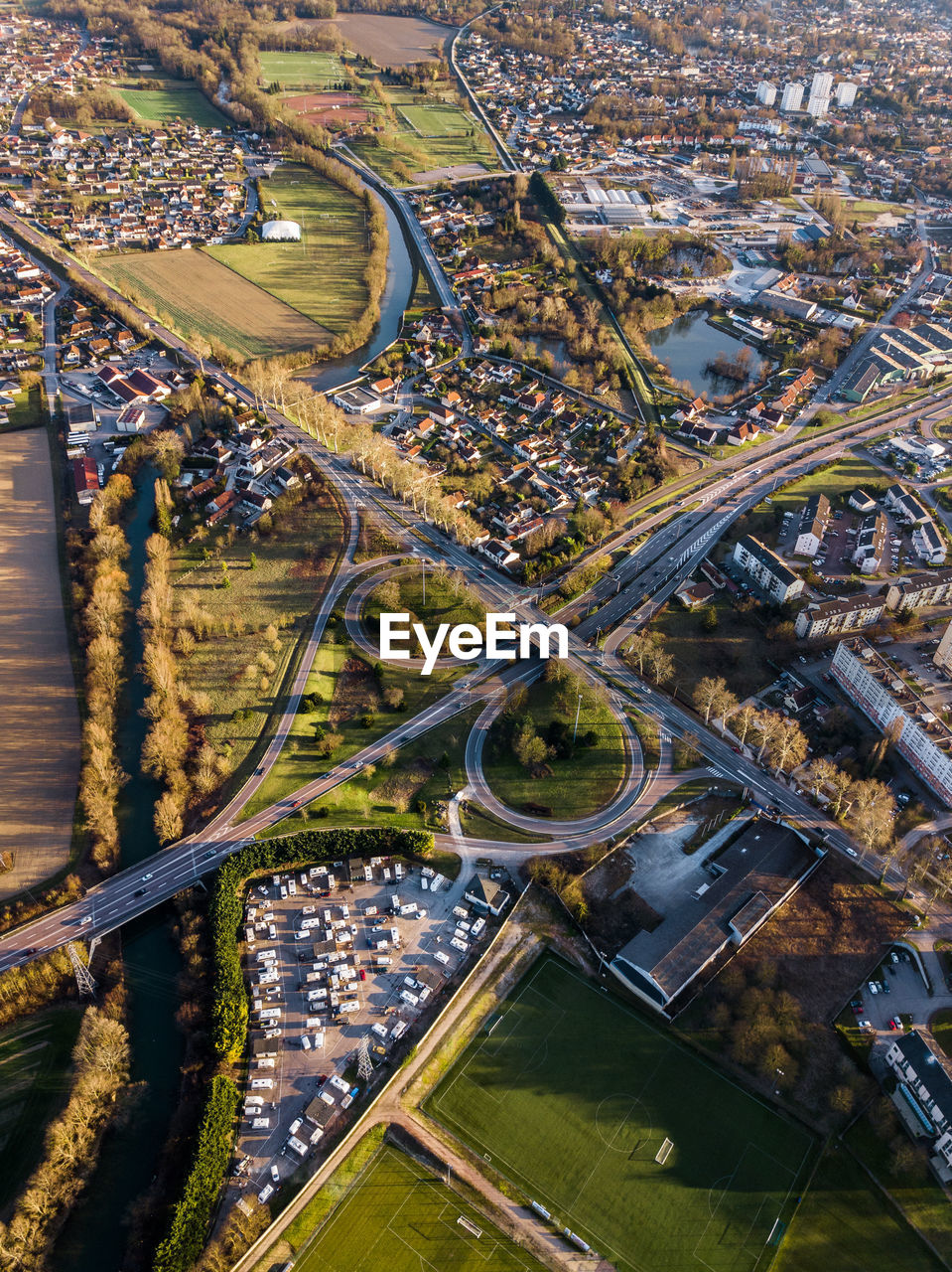 High angle view of road amidst buildings in city