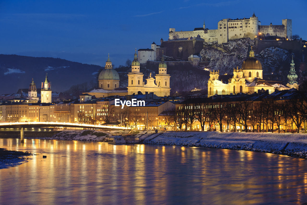 Romantic skyline of city salzburg in austria at christmas