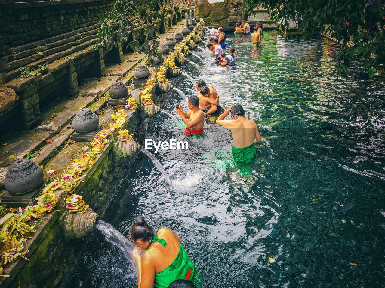 High angle view of people in temple fountain