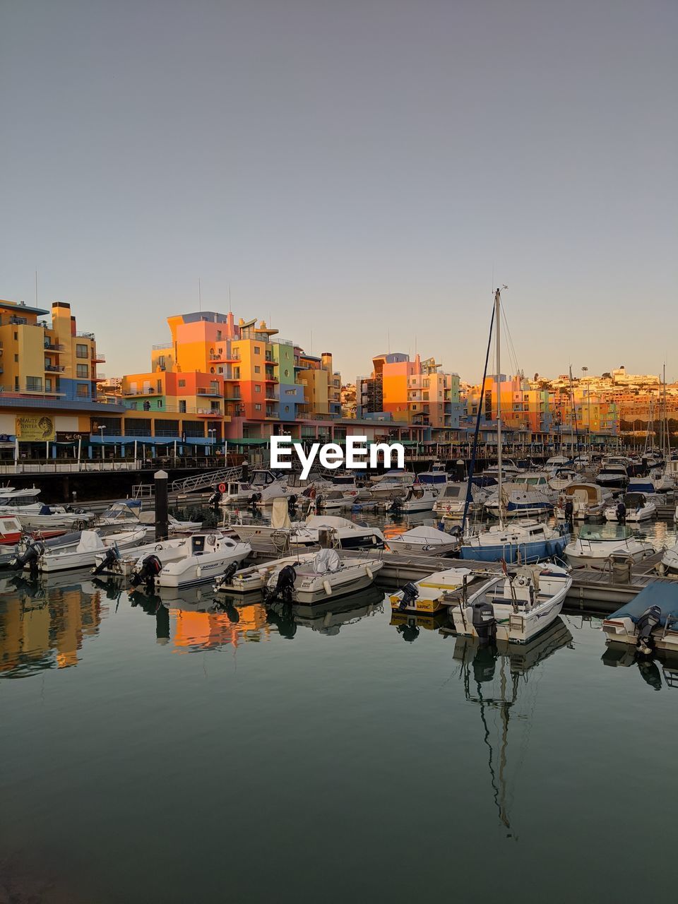 Sailboats moored at harbor against clear sky