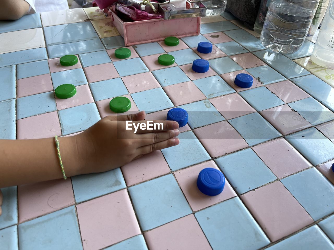 High angle view of multi colored toys on table
