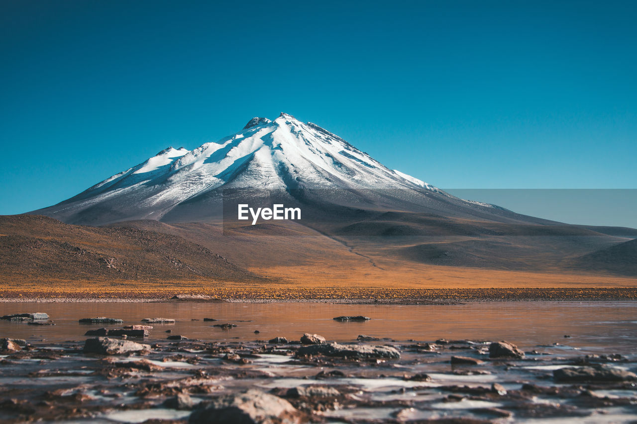 Scenic view of snowcapped mountains against clear blue sky