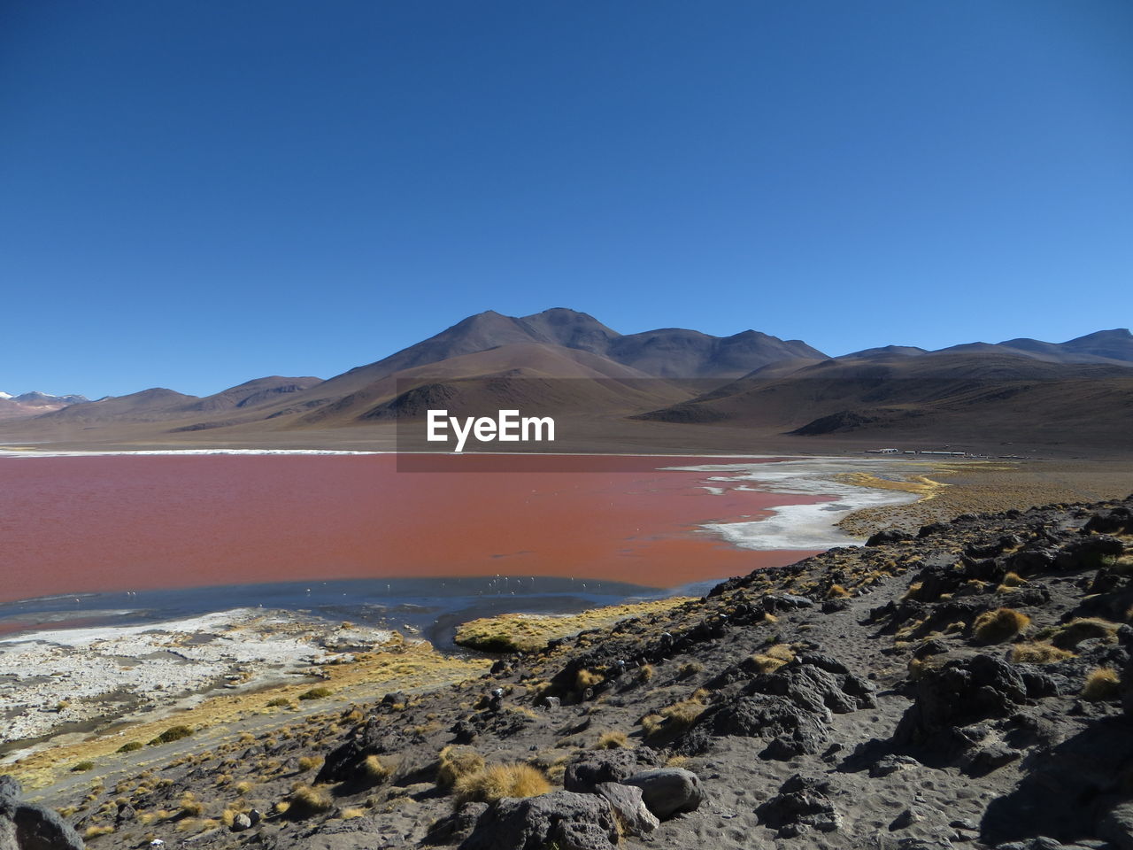 Scenic view of laguna colorada by mountains against clear blue sky