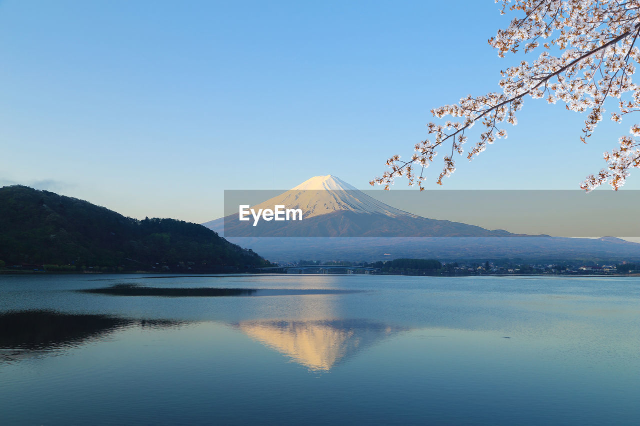 Scenic view of lake and mountains against clear sky