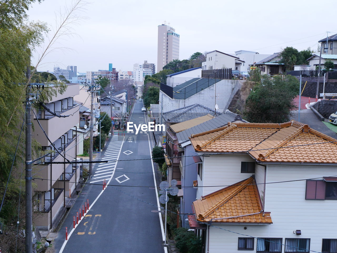 HIGH ANGLE VIEW OF CITY STREET AND BUILDINGS