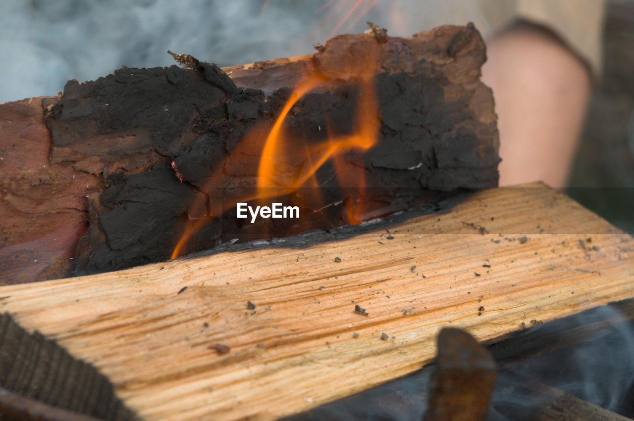 Close-up of fire on log