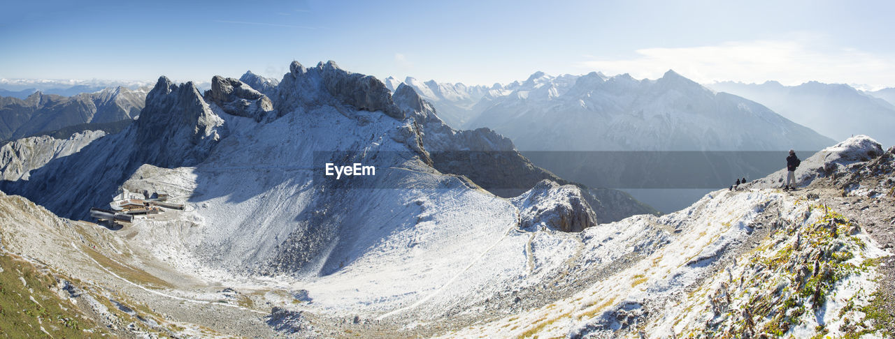 Panoramic view of snowcapped mountains against sky