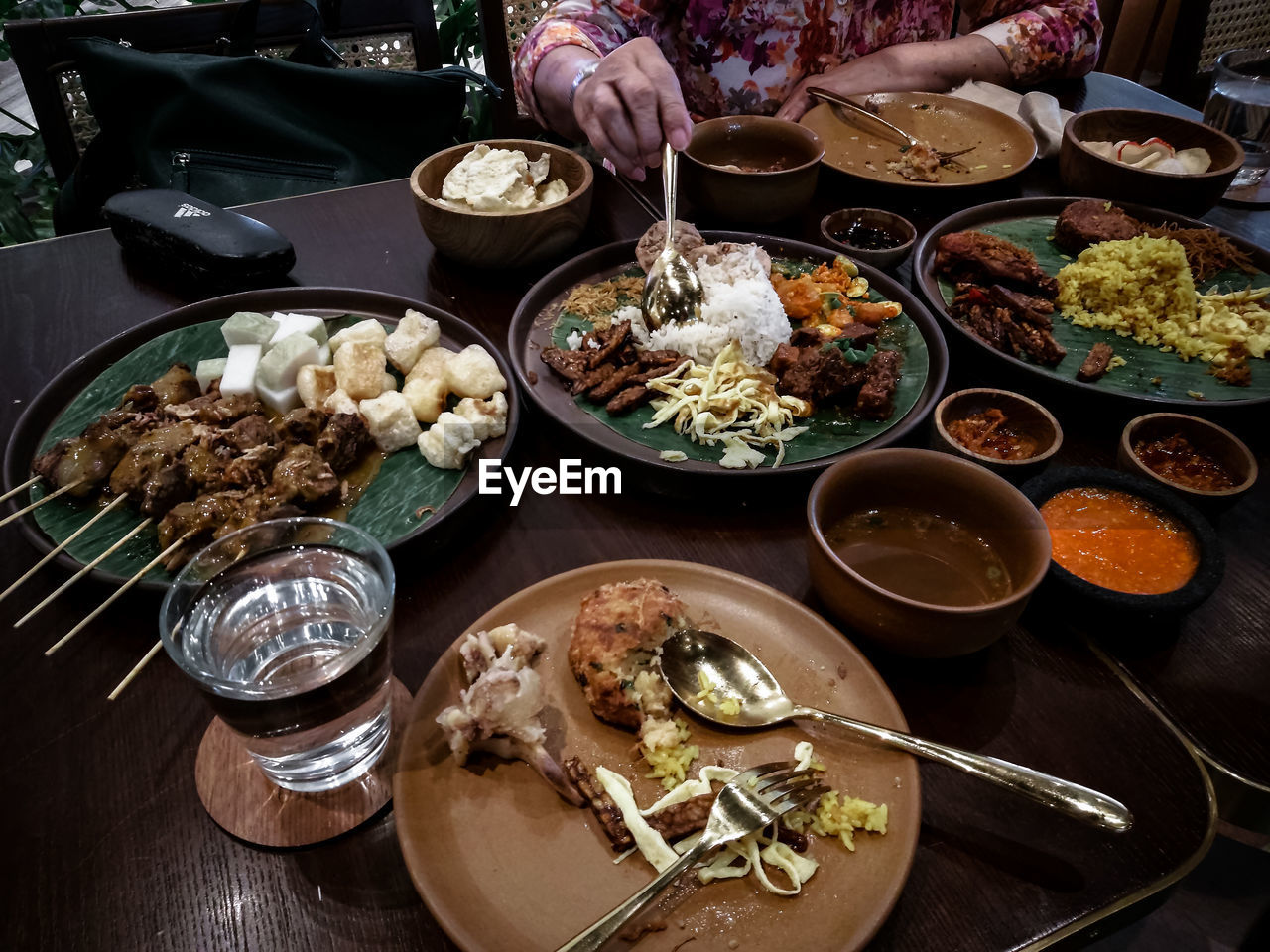 High angle view of food served on table