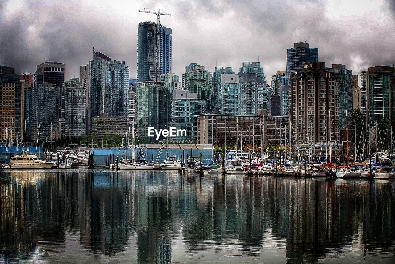 View of a commercial dock with skylines in background