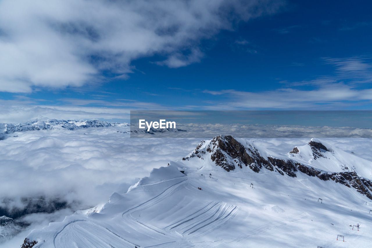 Scenic view of snow covered mountains against sky