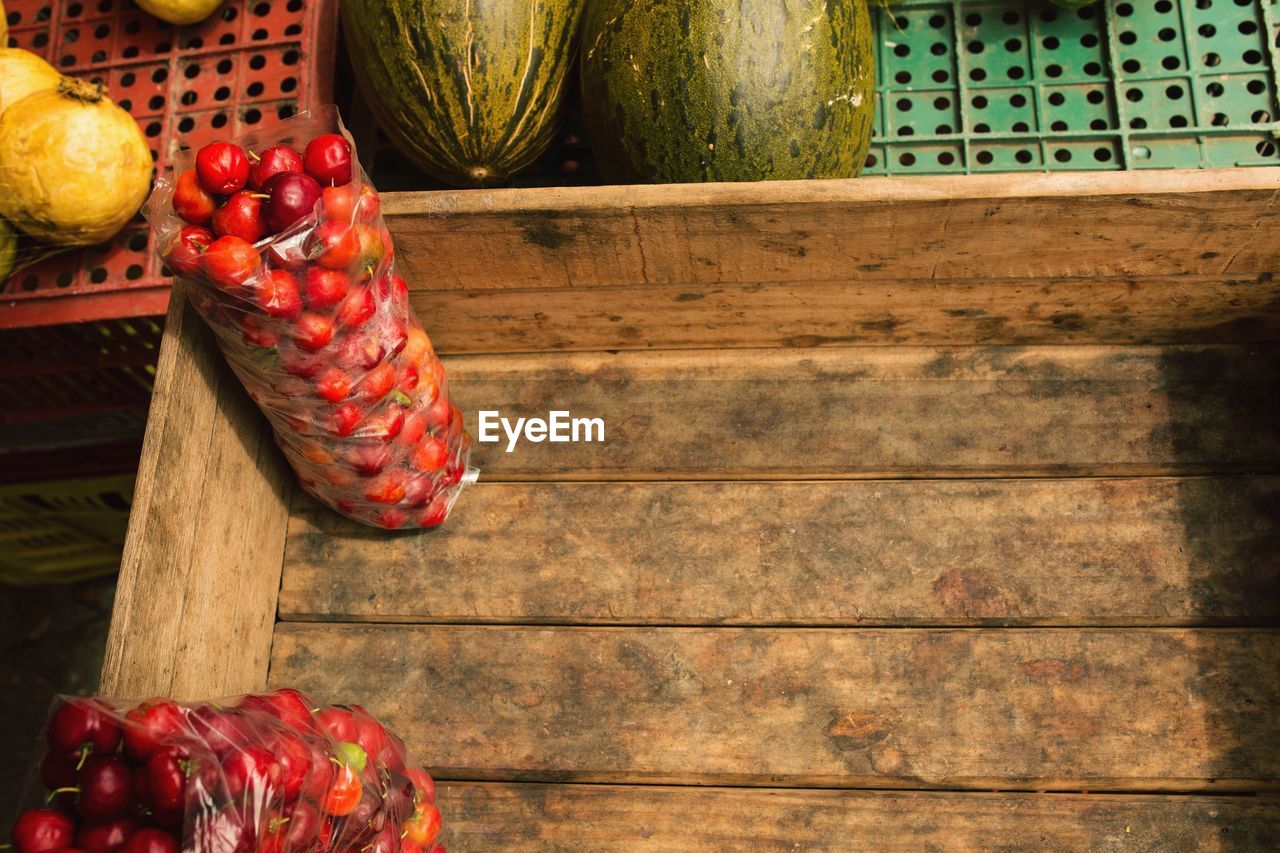 High angle view of fruits in container