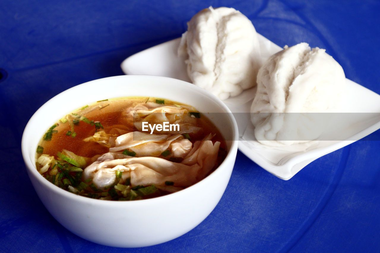 Close-up of soup in bowl on table