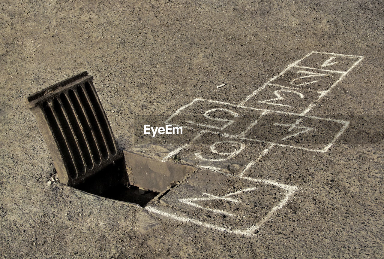 HIGH ANGLE VIEW OF MANHOLE ON STREET