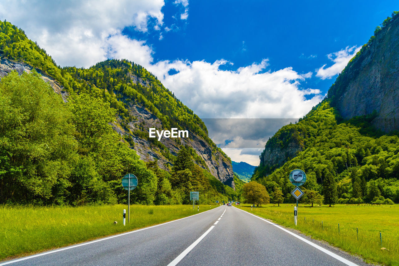 ROAD AMIDST TREES AND PLANTS AGAINST SKY