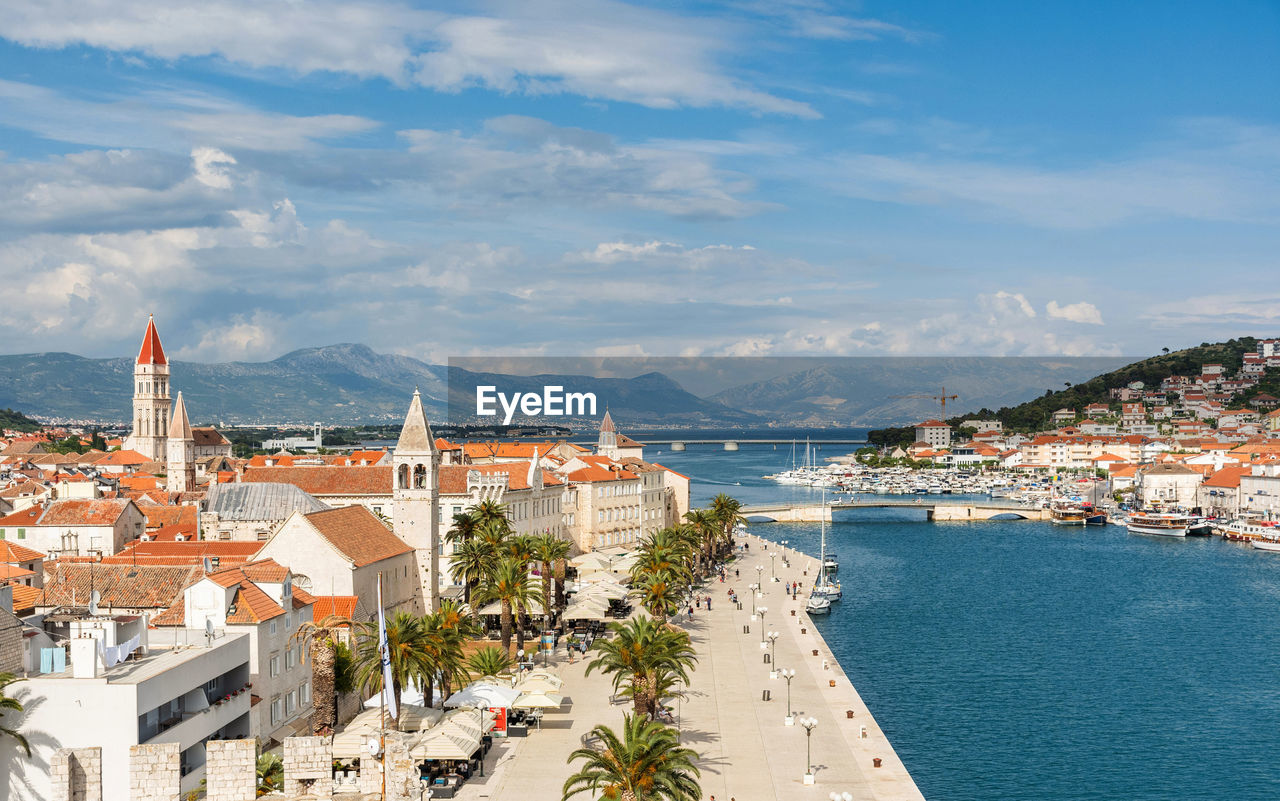 High angle city view of beautiful seaside town of trogir, croatia on coast of adriatic sea
