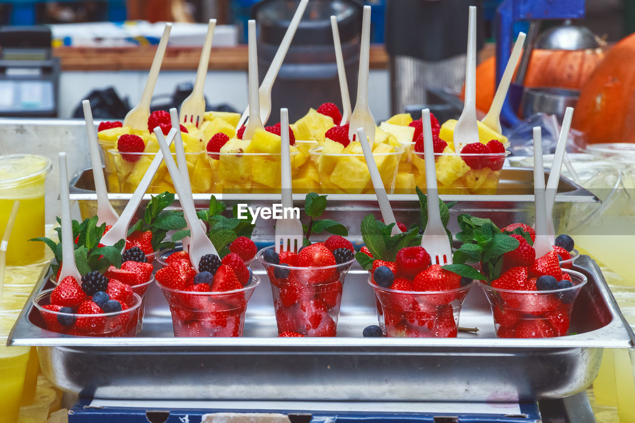 CLOSE-UP OF FRUITS FOR SALE AT MARKET