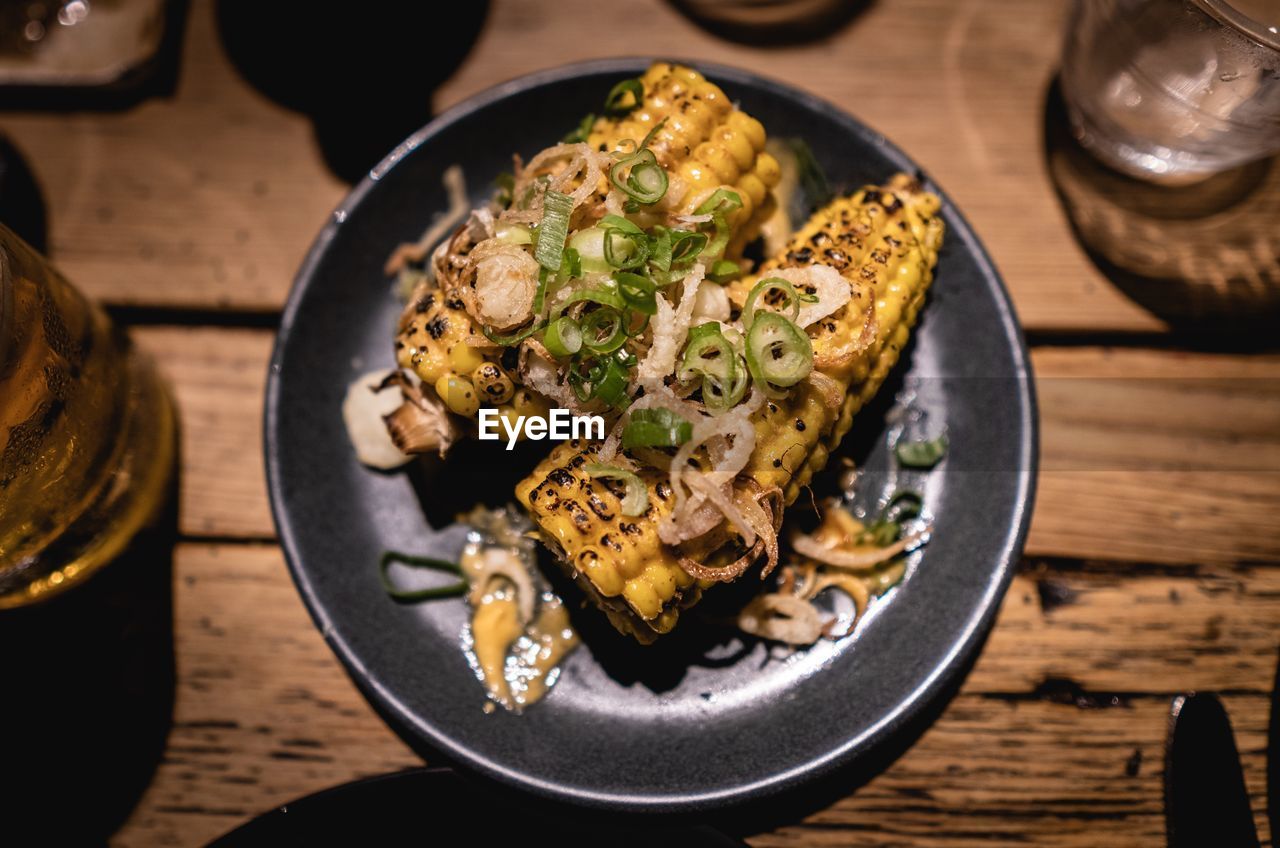 High angle view of food served on table