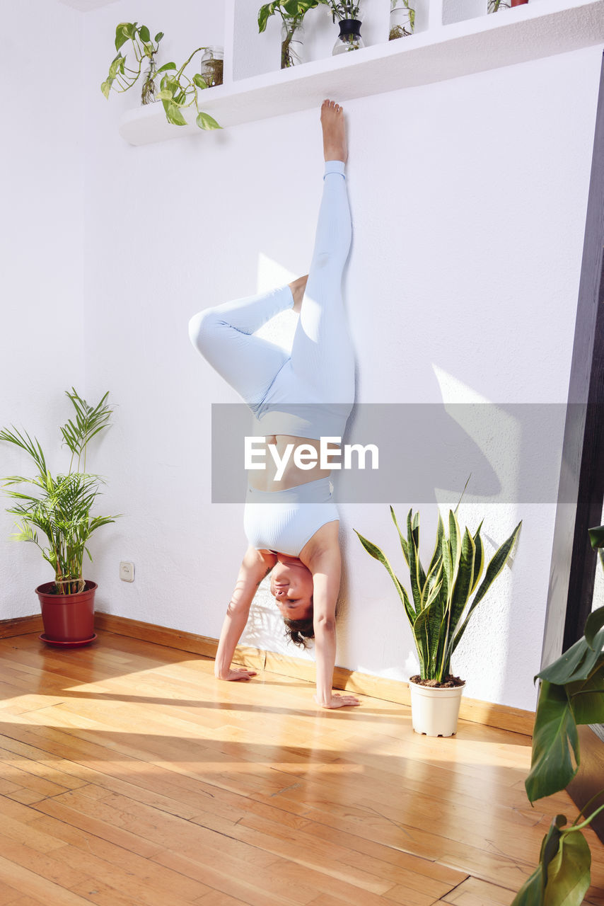 Flexible female in sportswear doing supported handstand pose leaning in wall during yoga practice in modern living room