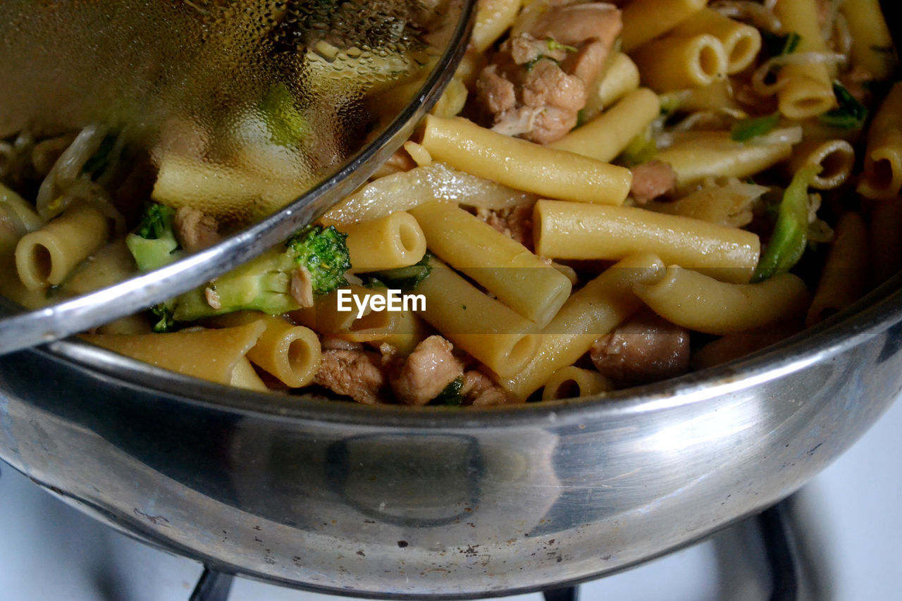 Close-up of pasta in cooking pan
