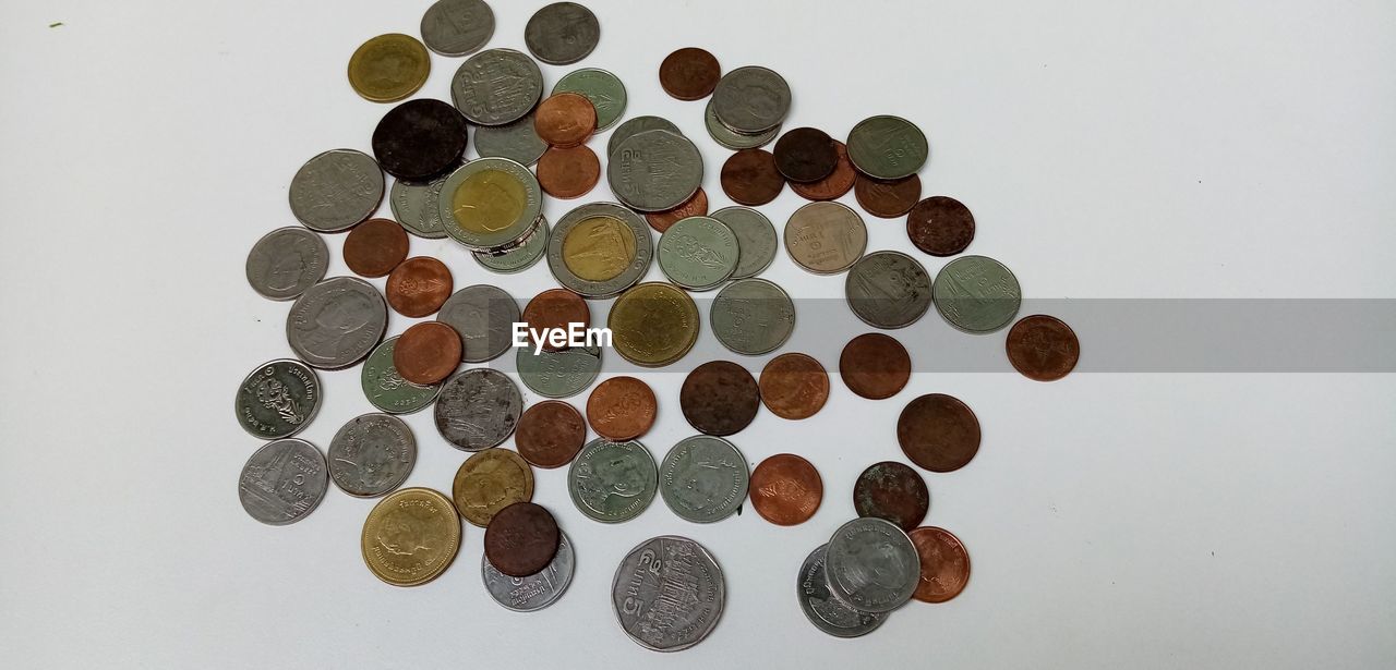 HIGH ANGLE VIEW OF COINS