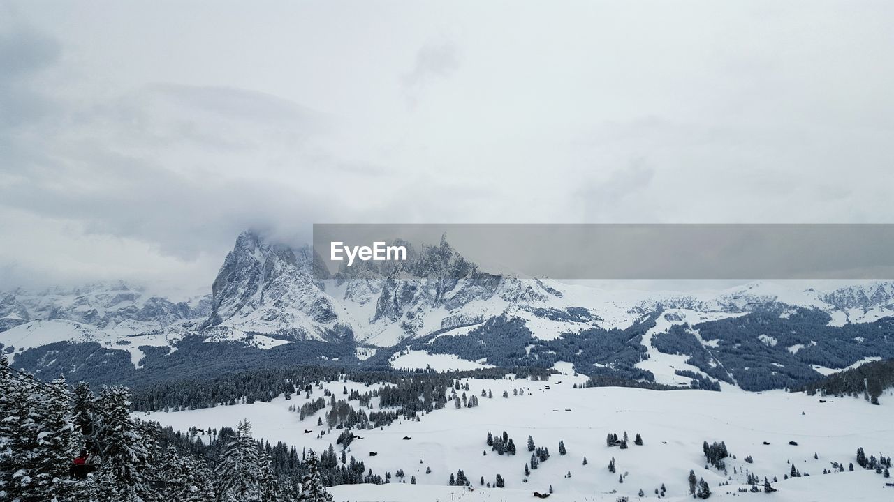 Scenic view of snow covered mountains against sky